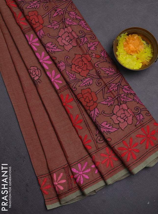 Cotton saree dual shade of maroon and pastel green with kantha stitch work and kantha stitch work pallu
