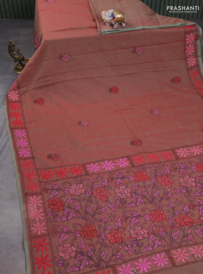 Cotton saree dual shade of maroon and pastel green with kantha stitch work and kantha stitch work pallu