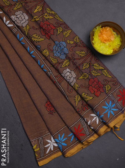 Cotton saree dual shade of violet and mustard yellow with kantha stitch work and kantha stitch work pallu