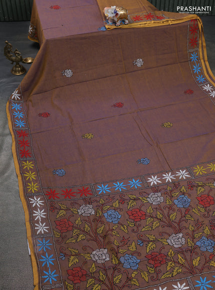 Cotton saree dual shade of violet and mustard yellow with kantha stitch work and kantha stitch work pallu