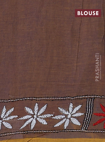 Cotton saree dual shade of violet and mustard yellow with kantha stitch work and kantha stitch work pallu