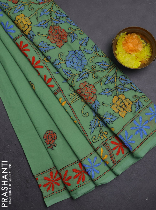 Cotton saree pastel green with kantha stitch work and kantha stitch work pallu