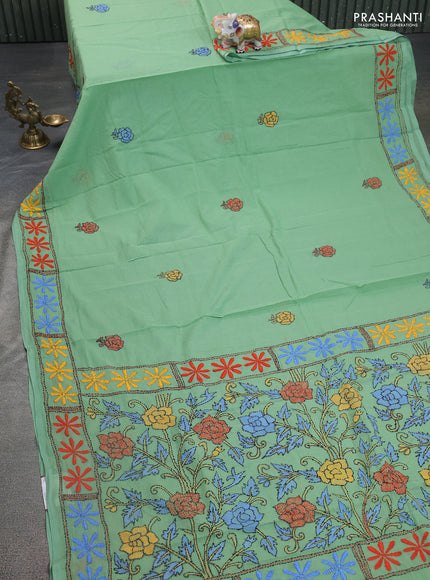 Cotton saree pastel green with kantha stitch work and kantha stitch work pallu