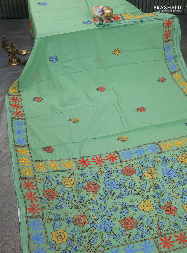 Cotton saree pastel green with kantha stitch work and kantha stitch work pallu