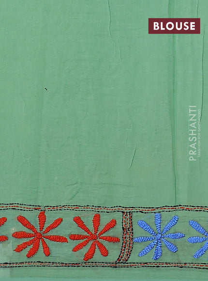 Cotton saree pastel green with kantha stitch work and kantha stitch work pallu