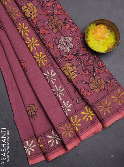 Cotton saree maroon and peach with kantha stitch work and kantha stitch work pallu