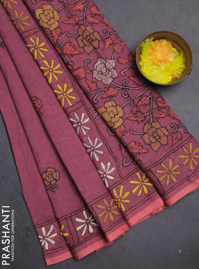 Cotton saree maroon and peach with kantha stitch work and kantha stitch work pallu