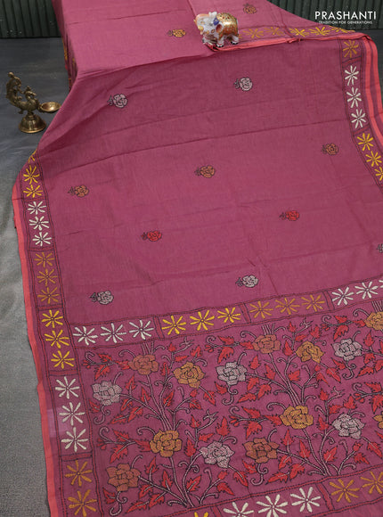 Cotton saree maroon and peach with kantha stitch work and kantha stitch work pallu