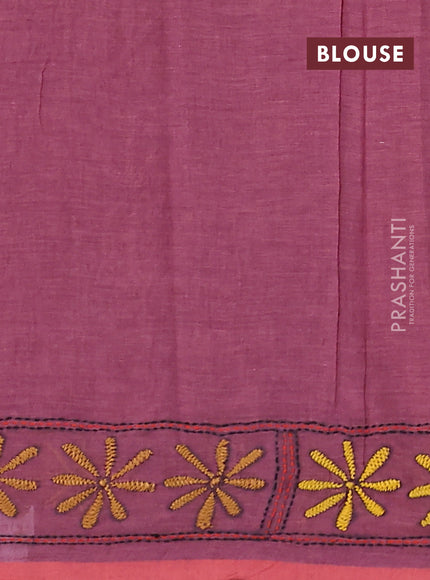 Cotton saree maroon and peach with kantha stitch work and kantha stitch work pallu