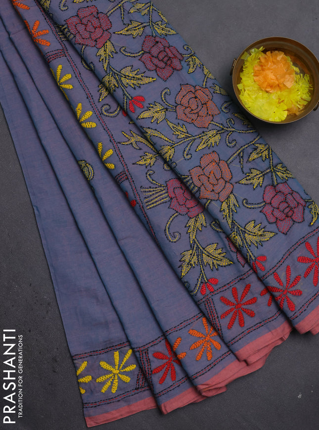 Cotton saree teal blue and pale orange with kantha stitch work and kantha stitch work pallu