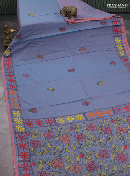 Cotton saree teal blue and pale orange with kantha stitch work and kantha stitch work pallu