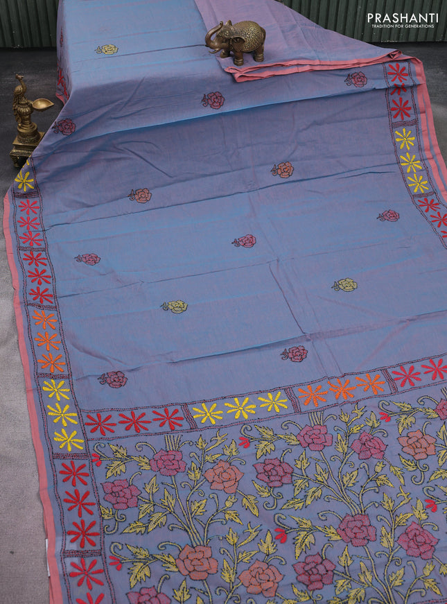 Cotton saree teal blue and pale orange with kantha stitch work and kantha stitch work pallu