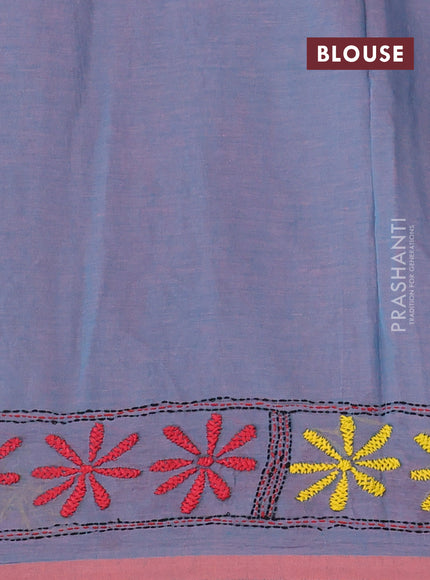 Cotton saree teal blue and pale orange with kantha stitch work and kantha stitch work pallu