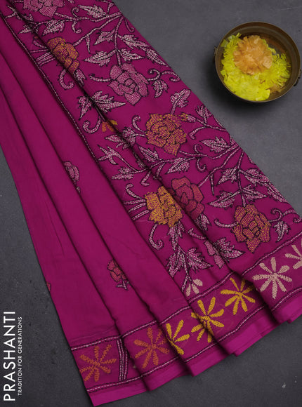 Cotton saree pink with kantha stitch work and kantha stitch work pallu