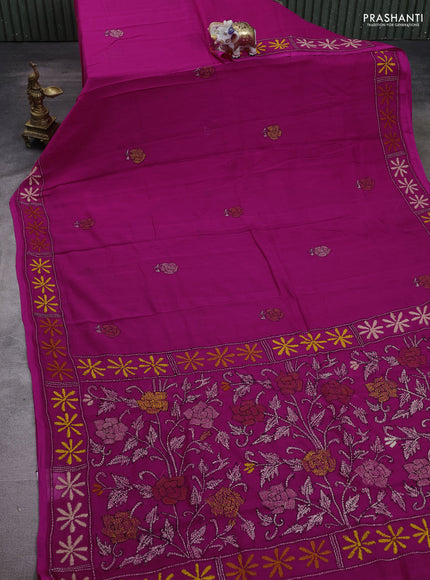 Cotton saree pink with kantha stitch work and kantha stitch work pallu