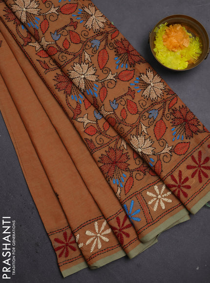 Cotton saree orange and pastel green with kantha stitch work and kantha stitch work pallu