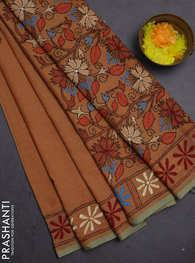 Cotton saree orange and pastel green with kantha stitch work and kantha stitch work pallu