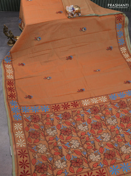 Cotton saree orange and pastel green with kantha stitch work and kantha stitch work pallu