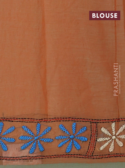 Cotton saree orange and pastel green with kantha stitch work and kantha stitch work pallu