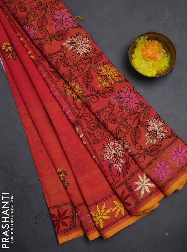 Cotton saree dual shade of pinkish yellow with kantha stitch work and kantha stitch work pallu