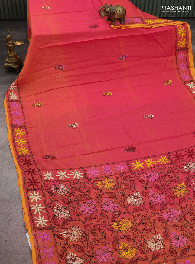 Cotton saree dual shade of pinkish yellow with kantha stitch work and kantha stitch work pallu