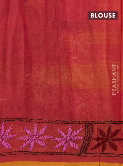 Cotton saree dual shade of pinkish yellow with kantha stitch work and kantha stitch work pallu