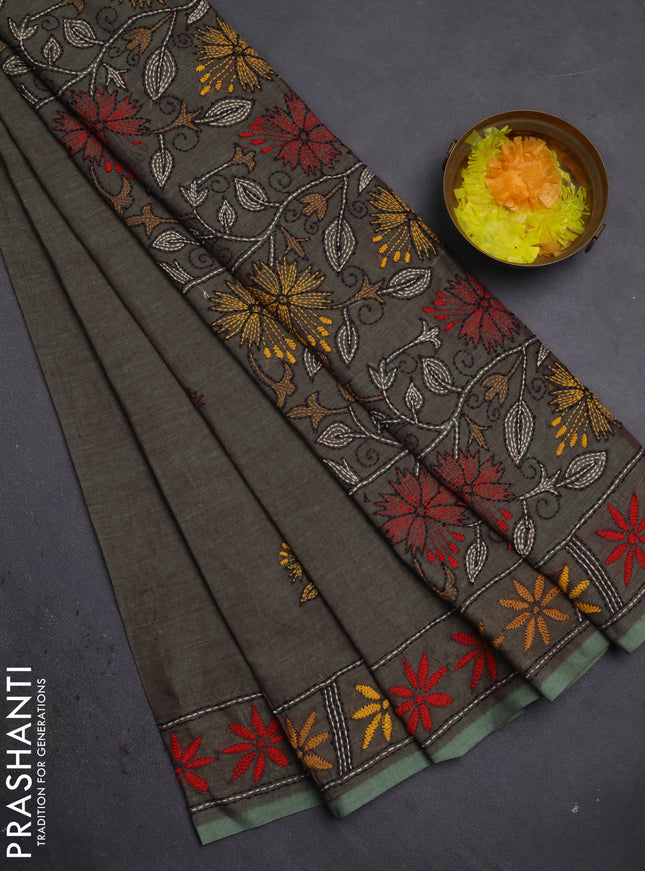 Cotton saree pastel green with kantha stitch work and kantha stitch work pallu