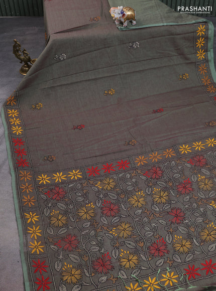 Cotton saree pastel green with kantha stitch work and kantha stitch work pallu