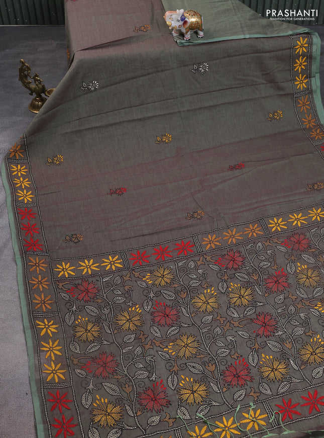 Cotton saree pastel green with kantha stitch work and kantha stitch work pallu