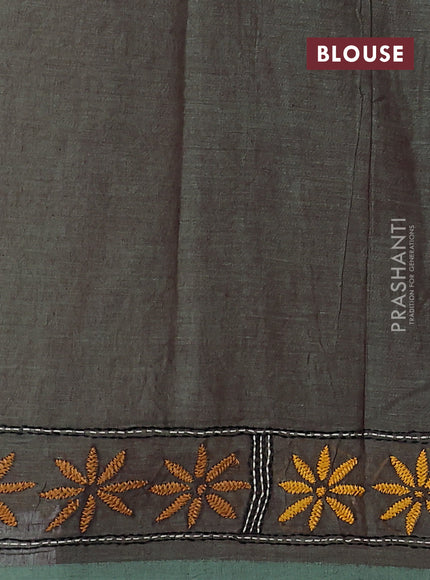 Cotton saree pastel green with kantha stitch work and kantha stitch work pallu