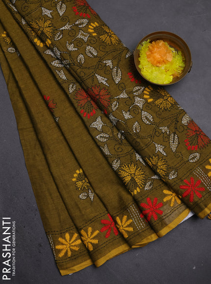 Cotton saree mehendi green with kantha stitch work and kantha stitch work pallu