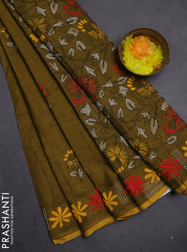 Cotton saree mehendi green with kantha stitch work and kantha stitch work pallu