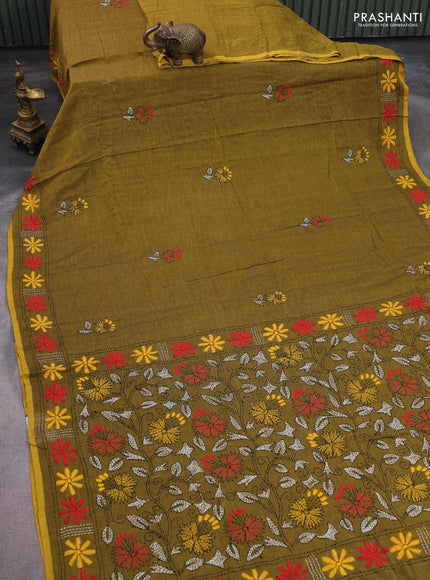 Cotton saree mehendi green with kantha stitch work and kantha stitch work pallu