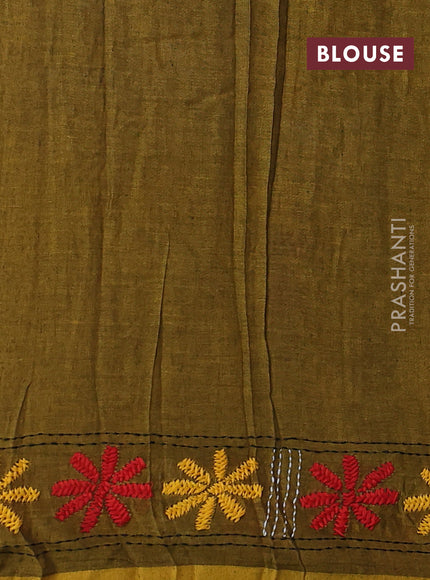 Cotton saree mehendi green with kantha stitch work and kantha stitch work pallu