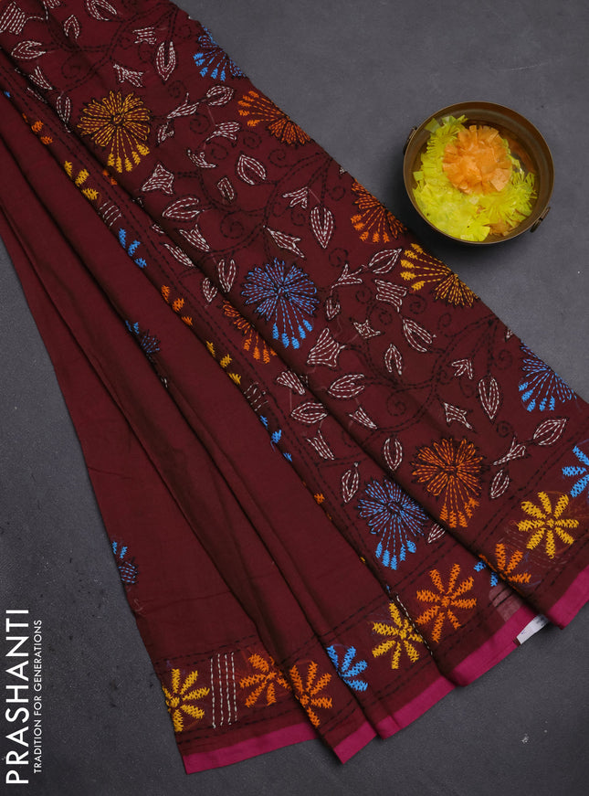 Cotton saree maroon with kantha stitch work and kantha stitch work pallu