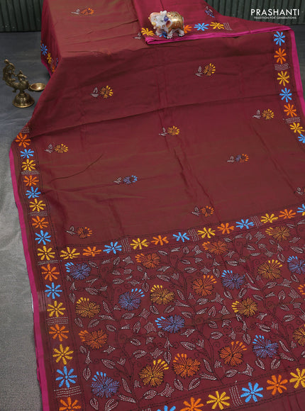 Cotton saree maroon with kantha stitch work and kantha stitch work pallu