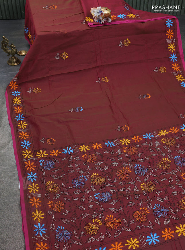 Cotton saree maroon with kantha stitch work and kantha stitch work pallu