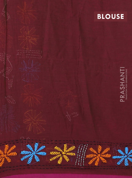 Cotton saree maroon with kantha stitch work and kantha stitch work pallu