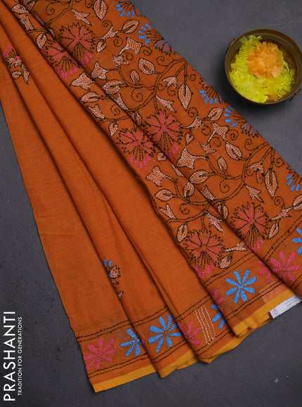 Cotton saree rustic orange and mustard yellow with kantha stitch work and kantha stitch work pallu