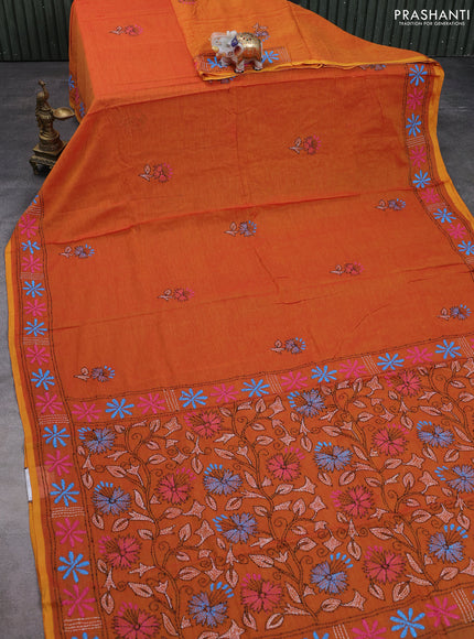 Cotton saree rustic orange and mustard yellow with kantha stitch work and kantha stitch work pallu