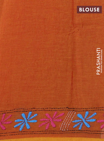 Cotton saree rustic orange and mustard yellow with kantha stitch work and kantha stitch work pallu