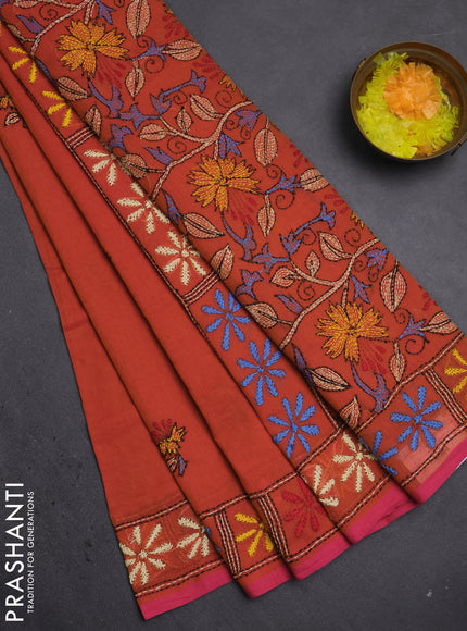 Cotton saree rustic orange and pink with kantha stitch work and kantha stitch work pallu
