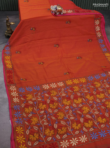 Cotton saree rustic orange and pink with kantha stitch work and kantha stitch work pallu