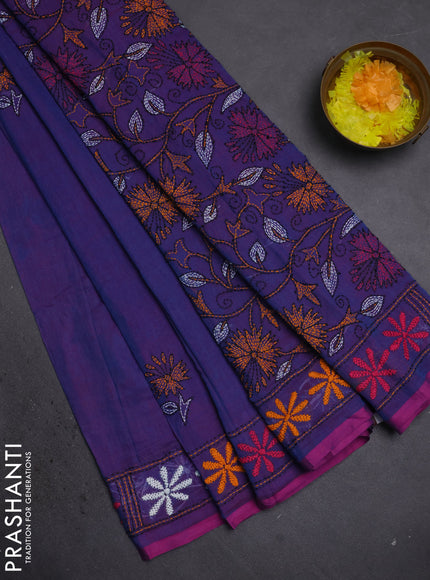 Cotton saree dual shade of teal blue and purple with kantha stitch work and kantha stitch work pallu
