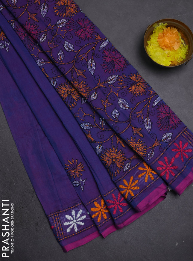 Cotton saree dual shade of teal blue and purple with kantha stitch work and kantha stitch work pallu