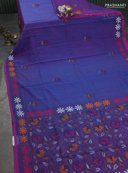 Cotton saree dual shade of teal blue and purple with kantha stitch work and kantha stitch work pallu