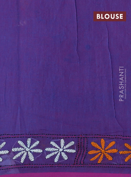 Cotton saree dual shade of teal blue and purple with kantha stitch work and kantha stitch work pallu