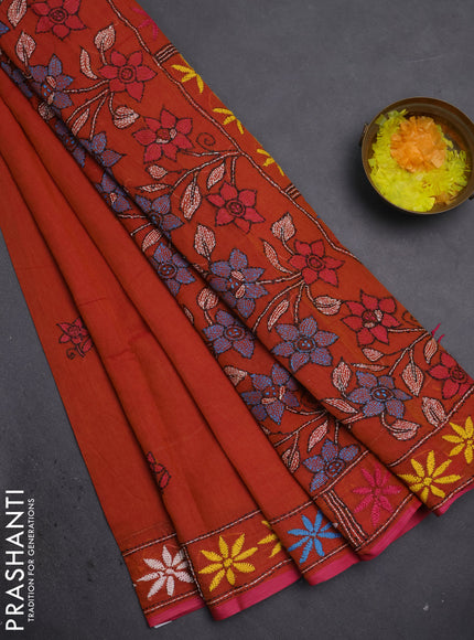 Cotton saree dark mustard and pink with kantha stitch work and kantha stitch work pallu
