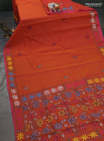 Cotton saree dark mustard and pink with kantha stitch work and kantha stitch work pallu