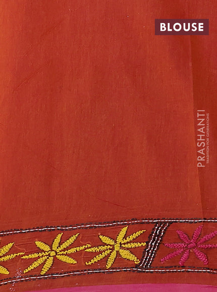 Cotton saree dark mustard and pink with kantha stitch work and kantha stitch work pallu